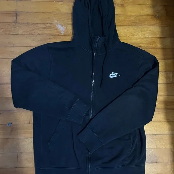 Nike Black Full-Zip Hooded Sweatshirt with White Swoosh Mens Small - Picture 2 of 7